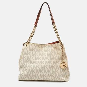 Pre Owned MICHAEL Michael Kors White Signature Coated Canvas Jet Set Shoulder Bag