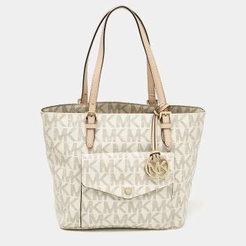 Pre Owned MICHAEL Michael Kors White Signature Coated Canvas Jet Set Logo Pocket Tote