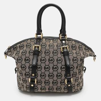 Pre Owned MICHAEL Michael Kors Beige/Black Monogram Canvas and Leather Bedford Satchel