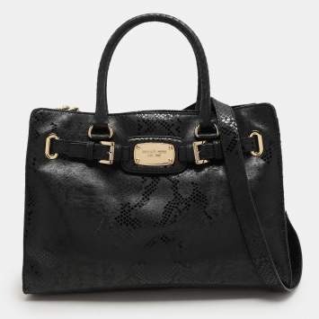 Pre Owned MICHAEL Michael Kors Black Python Print Leather Large East West Hamilton Tote