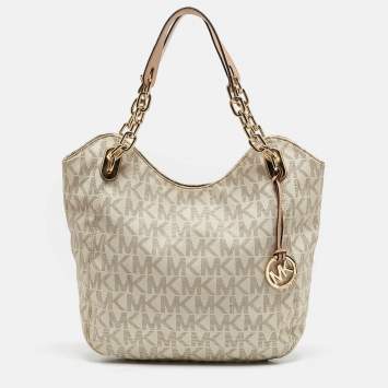Pre Owned MICHAEL Michael Kors Off White/Beige Signature Coated Canvas and Leather Lillie Chain Hobo