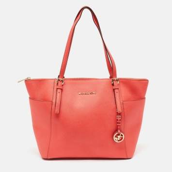 Pre Owned MICHAEL Michael Kors Red Saffiano Leather Large Top Zip Jet Set Tote