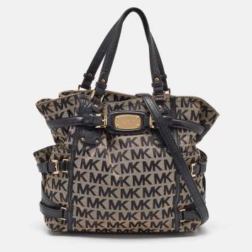 Pre Owned MICHAEL Michael Kors Black/Beige Signature Canvas and Leather Gansevoort Tote