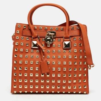 Pre Owned MICHAEL Michael Kors Orange Saffiano Leather Large Studded Hamilton Tote