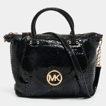Pre Owned MICHAEL Michael Kors Black  Python Embossed Fulton Satchel