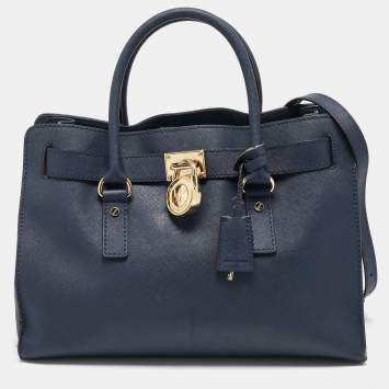 Pre Owned MICHAEL Michael Kors Navy Blue Leather Large East West Hamilton Tote