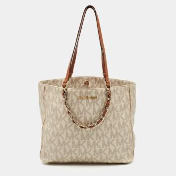 Pre Owned MICHAEL Michael Kors White/Brown Signature Coated Canvas and Leather Shopper Tote