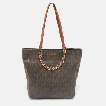 Pre Owned MICHAEL Michael Kors Brown Signature Coated Canvas North/South Harper Tote