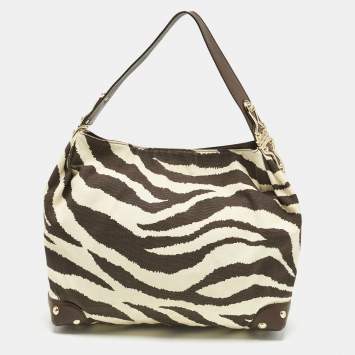 Pre Owned MICHAEL Michael Kors Brown/Cream Zebra Print Canvas and Leather Hobo