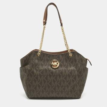Pre Owned MICHAEL Michael Kors Brown Signature Coated Canvas Jet Set Travel Chain Tote