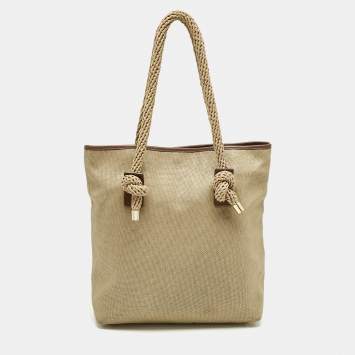 Pre Owned MICHAEL Michael Kors Gold/Brown Shimmer Canvas Knotted Handle Tote