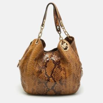 مملوكة مسبقًا MICHAEL Michael Kors Brown Suede Python Effect Lillie Hobo