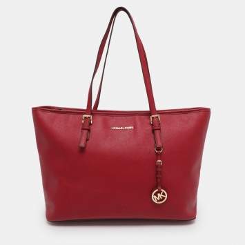 Pre Owned MICHAEL Michael Kors Red Saffiano Leather Large Jet Set Travel Tote