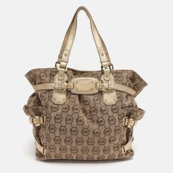 Pre Owned MICHAEL Michael Kors Gansevoort Beige/Gold Signature Canvas and Leather Tote