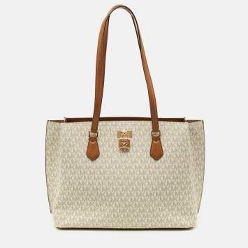 Pre Owned MICHAEL Michael Kors Ruby White/Brown Signature Coated Canvas and Leather Tote