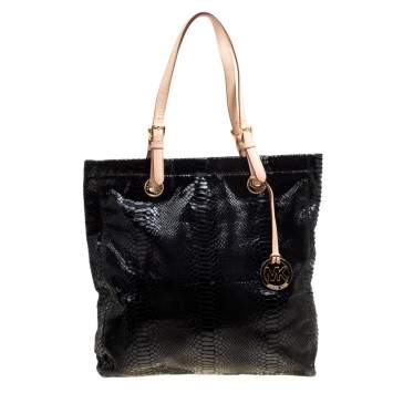 Pre Owned Michael Michael Kors Black Python Embossed Leather Tote