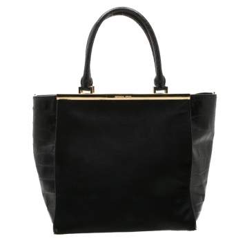 Pre Owned MICHAEL Michael Kors Black Calf Hair and Croc Embossed Leather Large Lana Tote