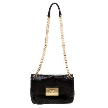 Pre Owned MICHAEL Michael Kors Black Python Embossed Patent Leather Turnlock Crossbody Bag