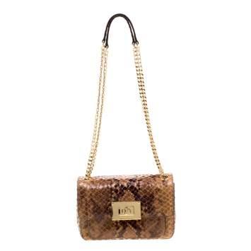 Pre Owned MICHAEL Michael Kors Brown Python Embossed Patent Leather Turnlock Crossbody Bag