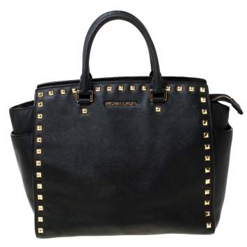 Pre Owned Michael Michael Kors Black Leather Medium Selma Studded Tote