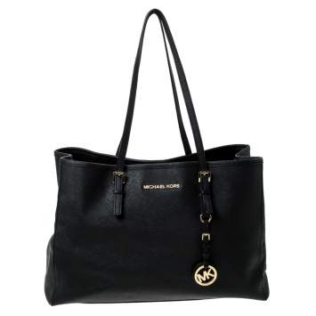 Pre Owned Michael Kors Black Saffiano Leather Medium Jet Set Travel Tote