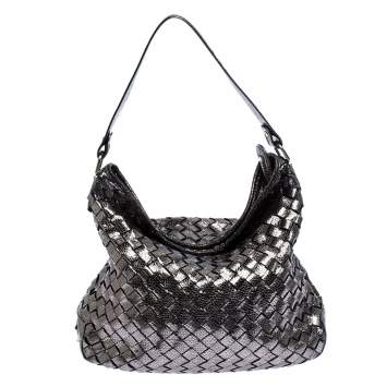 Pre Owned Michael Kors Metallic Grey Woven Leather Newbury Hobo