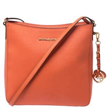 Pre Owned Michael Michael Kors Orange Leather Jet Set Travel Messenger