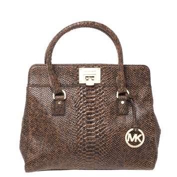 Pre Owned MICHAEL Michael Kors Brown Python Embossed Leather Large Astrid Satchel