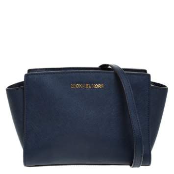 Pre Owned MICHAEL Michael Kors Navy Blue Leather Medium Selma Crossbody Bag
