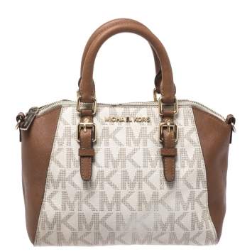 Pre Owned Michael Kors White/Brown Signature Coated Canvas Ciara Satchel