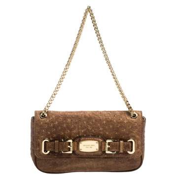 Pre Owned MICHAEL Michael Kors Brown Embossed Ostrich Leather Flap Shoulder Bag