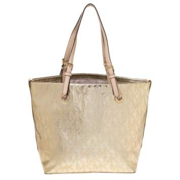 Pre Owned MICHAEL Michael Kors Gold Mirror Signature PVC and Leather Tote