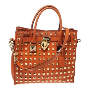 Pre Owned Michael Michael Kors Orange Leather Large Studded Hamilton Tote