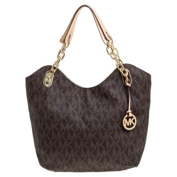 Pre Owned Michael Michael Kors Brown Coated Canvas and Leather Lilly Chain Tote