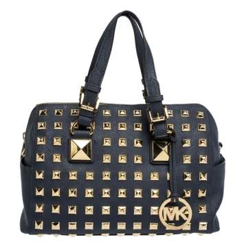 مملوكة مسبقًا MICHAEL Michael Kors Navy Blue Leather Studded Grayson Satchel