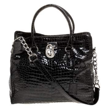 Pre Owned MICHAEL Michael Kors Black Croc Embossed Patent Leather Large Hamilton North South Tote