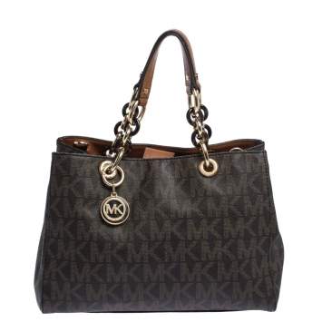 Pre Owned MICHAEL Michael Kors Brown Signature Coated Canvas Medium Cynthia Tote