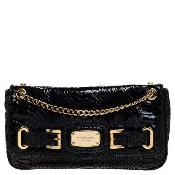Pre Owned MICHAEL Michael Kors Python Effect Patent Leather and Suede Buckle Flap Shoulder Bag