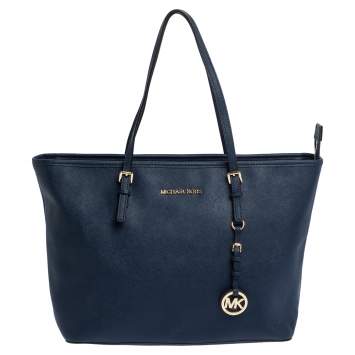 Pre Owned Michael Michael Kors Navy Blue Leather Jet Set Travel Tote