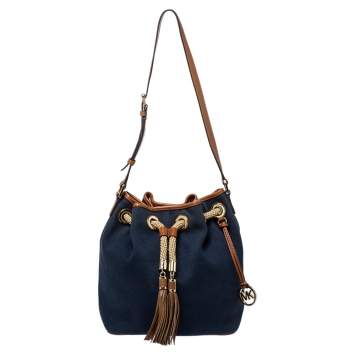 Pre Owned Michael Michael Kors Navy Blue/Brown Canvas and Leather Marina Drawstring Bucket Bag