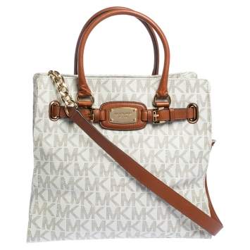 Pre Owned Michael Michael Kors Cream/Brown Coated Canvas and Leather East West Hamilton Tote