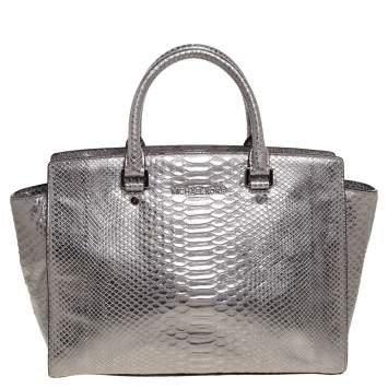 Pre Owned MICHAEL Michael Kors Metallic Silver Python Embossed Leather Large Selma Tote
