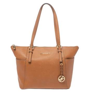 Pre Owned Michael Kors Brown Leather Medium Jet Set Top Zip Tote