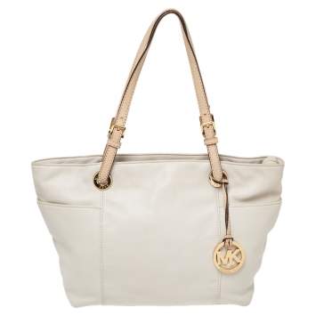 Pre Owned MICHAEL Michael Kors Cream/Beige Leather Top-zip Jet Set Tote