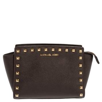 Pre Owned Michael Kors Dark Brown Studded Leather Selma Crossbody Bag