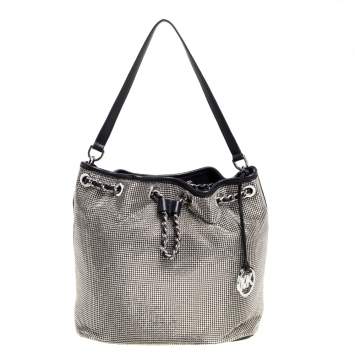 Pre Owned MICHAEL Michael Kors Black Mesh and Leather Frankie Drawstring Shoulder Bag