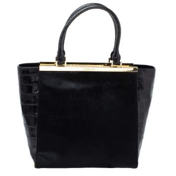 Pre Owned MICHAEL Michael Kors Black Calf Hair and Croc Embossed Leather Large Lana Tote