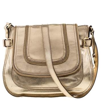 Pre Owned MICHAEL Michael Kors Gold Patent Leather Naomi Flap Shoulder Bag
