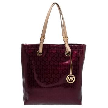 Pre Owned MICHAEL Michael Kors Burgundy Patent Leather Jet Set North South Logo Tote