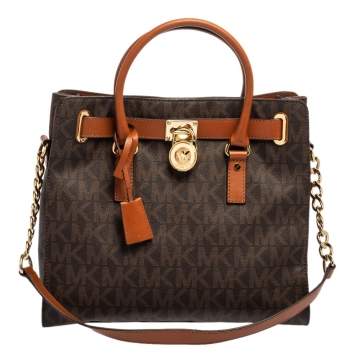 Pre Owned MICHAEL Michael Kors Brown Signature Coated Canvas and Leather Large Hamilton North South Tote